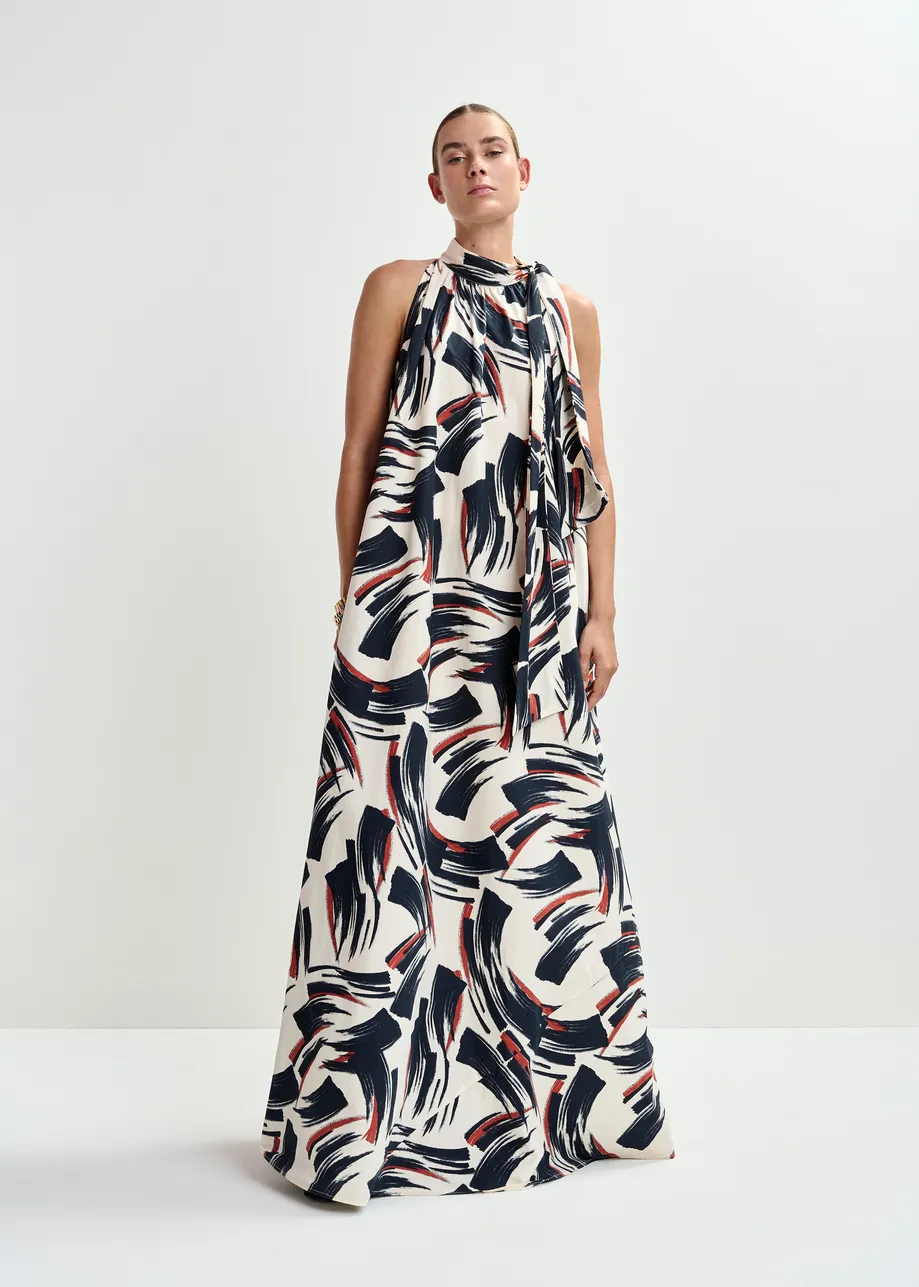 Off-white, black and brown high neck maxi dress with knot detail