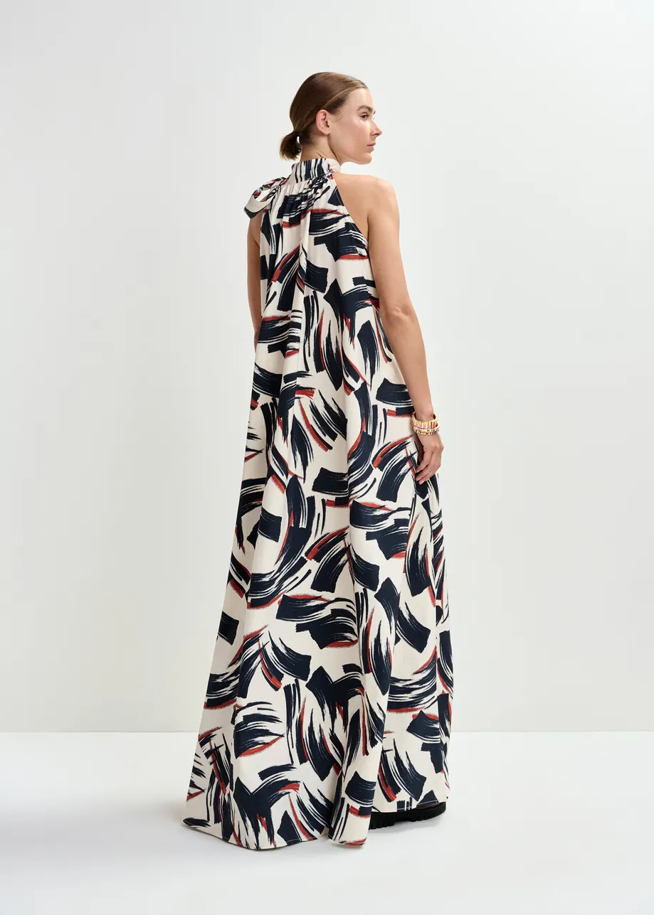 Off-white, black and brown high neck maxi dress with knot detail