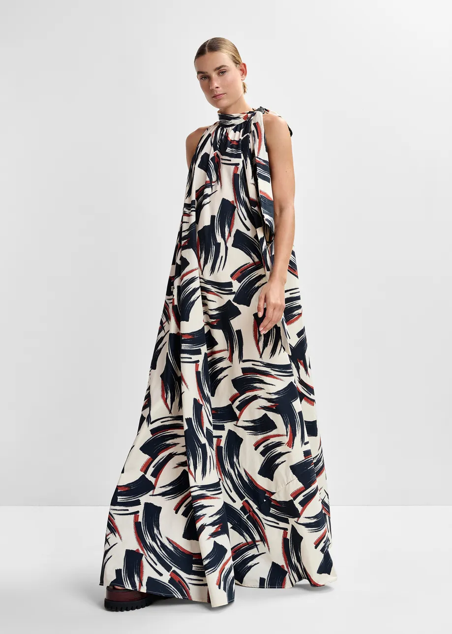 Off-white, black and brown high neck maxi dress with knot detail