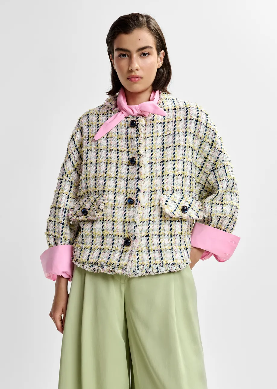 Oversized bouclé jacket with trim detailing