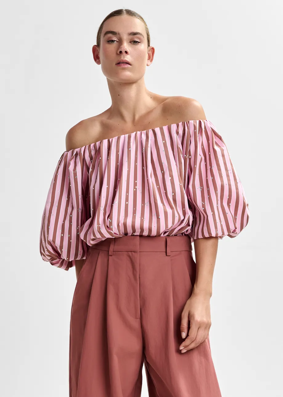 Brown and pink gathered bodysuit with puffed sleeves