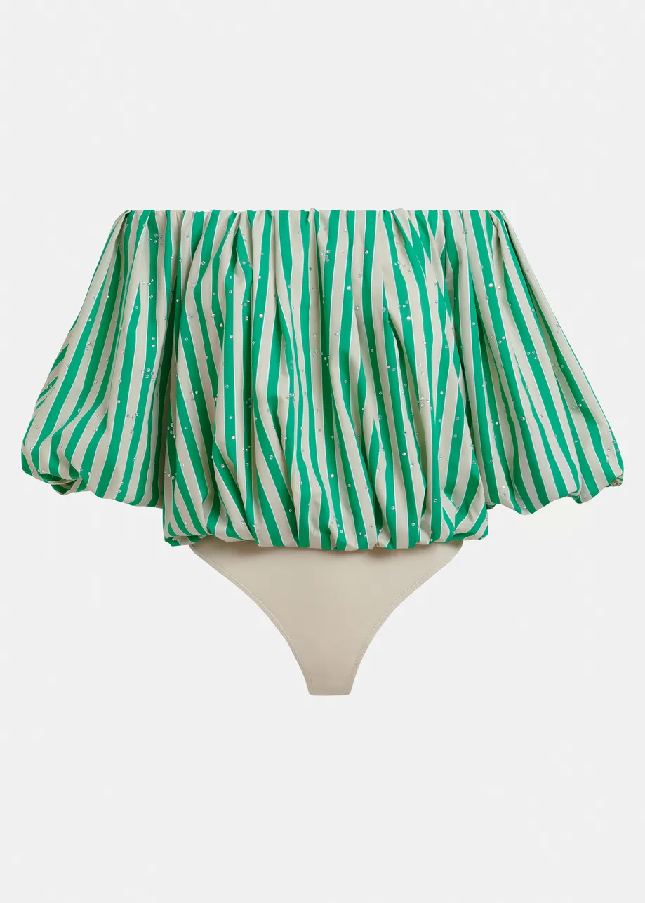 Green and cream gathered bodysuit with puffed sleeves