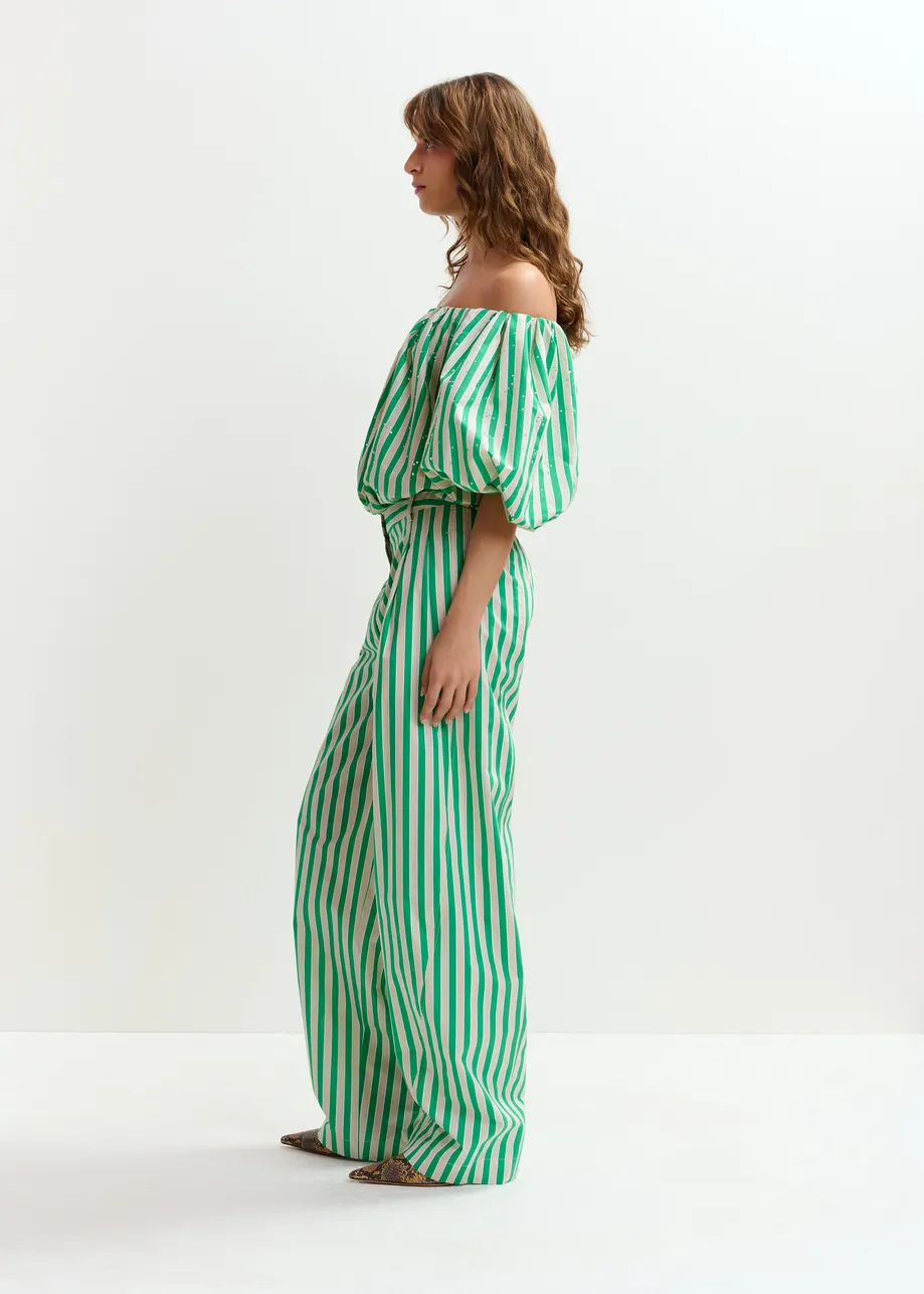 Green and cream gathered bodysuit with puffed sleeves