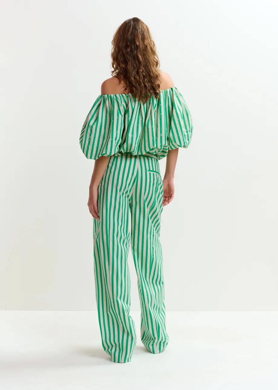 Green and cream gathered bodysuit with puffed sleeves