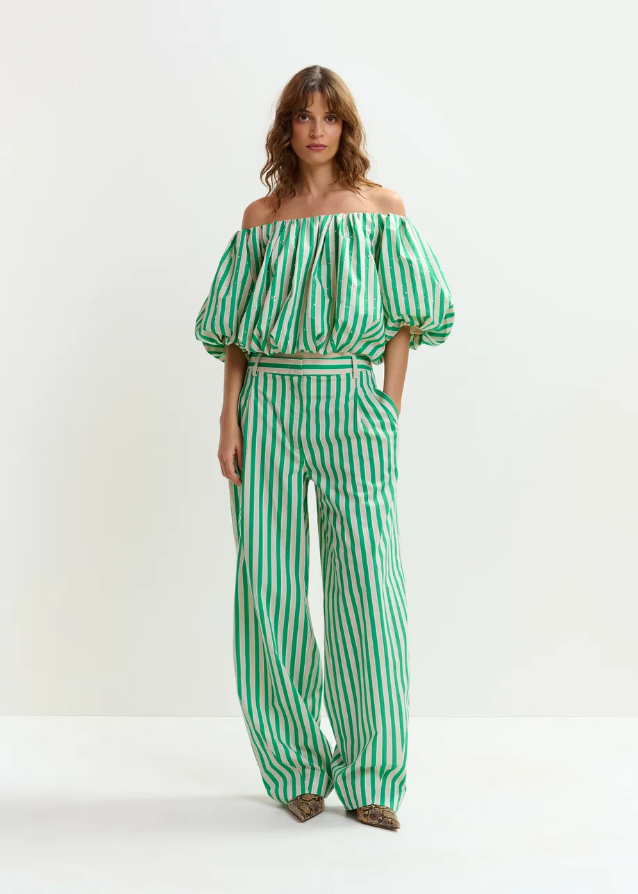 Green and cream gathered bodysuit with puffed sleeves