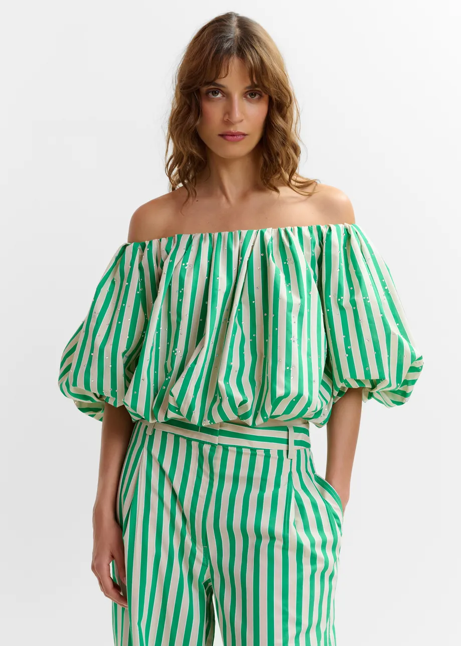 Green and cream gathered bodysuit with puffed sleeves