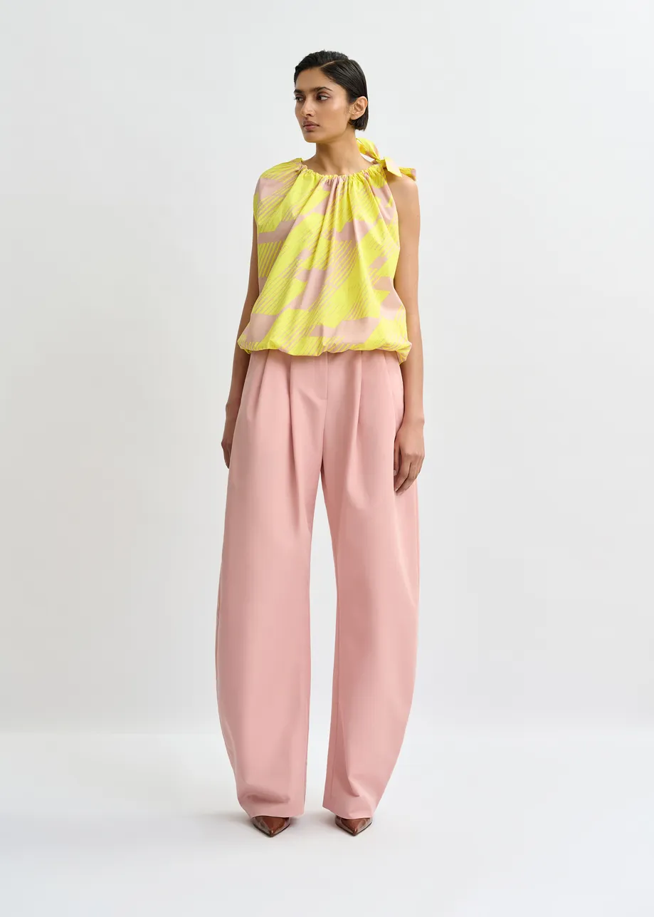 Light pink and yellow asymmetric top with neck tie ribbon