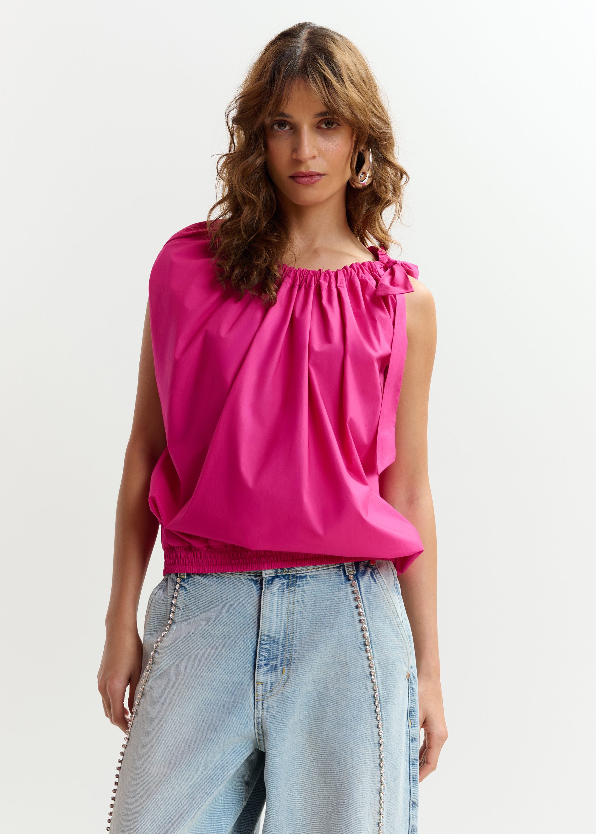 Pink asymmetric top with neck tie ribbon | Essentiel Antwerp
