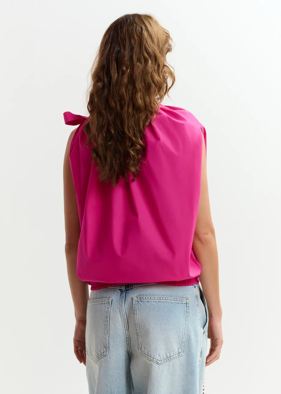 Pink asymmetric top with neck tie ribbon