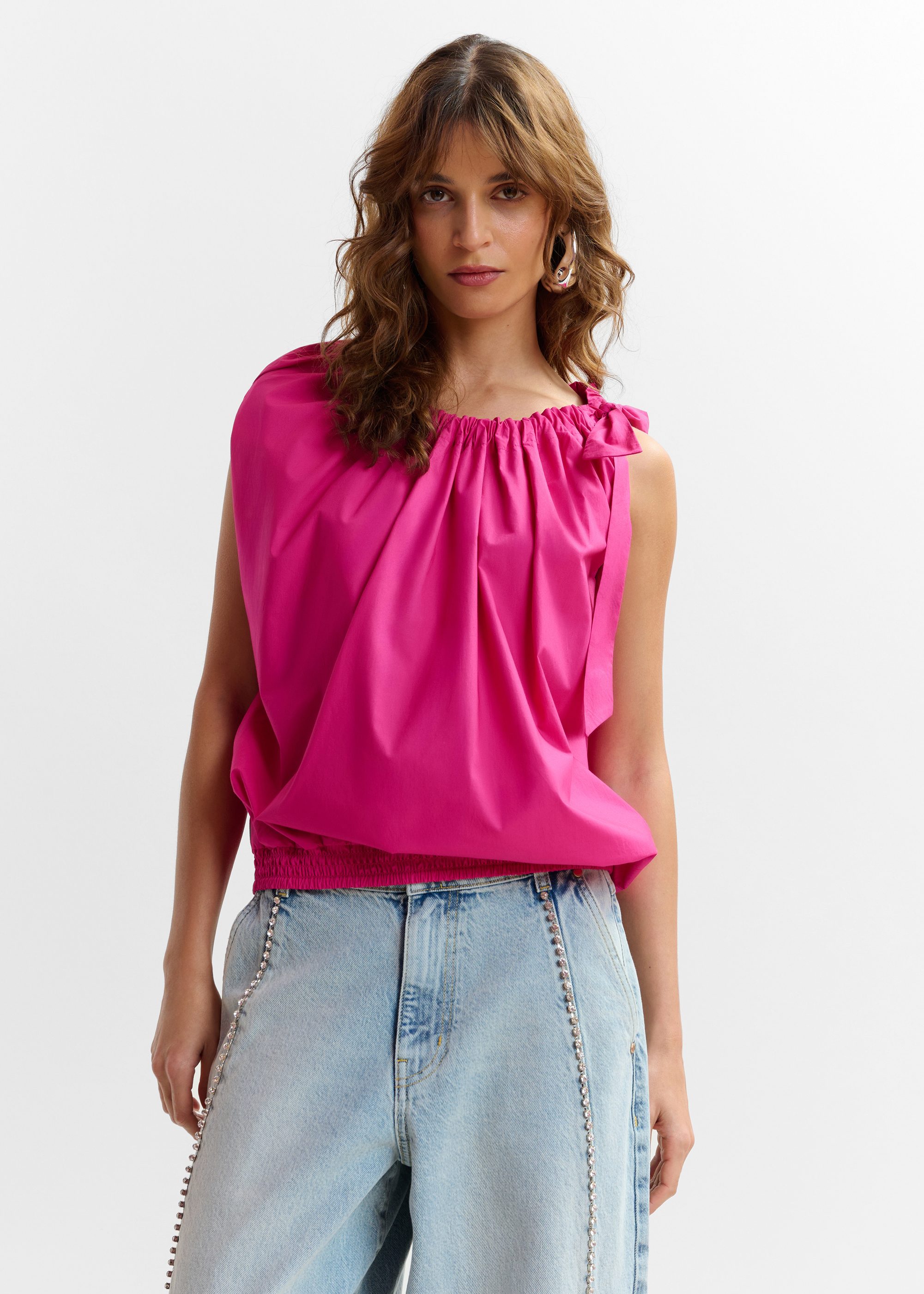 Pink asymmetric top with neck tie ribbon | Essentiel Antwerp