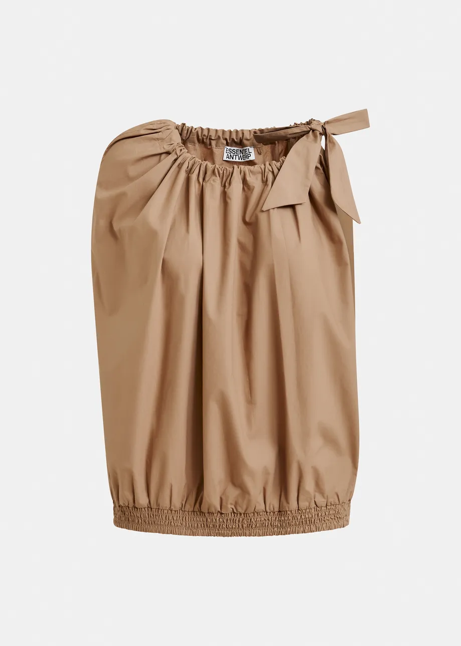 Brown asymmetric top with neck-tie ribbon