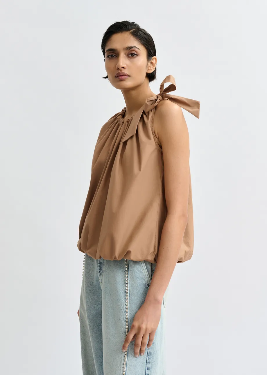 Brown asymmetric top with neck-tie ribbon