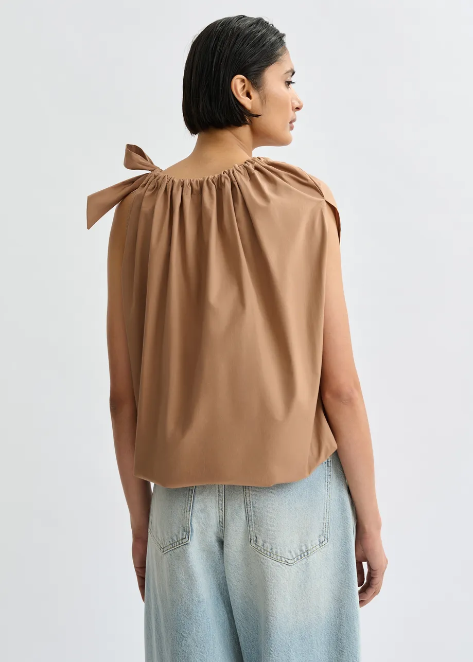 Brown asymmetric top with neck-tie ribbon