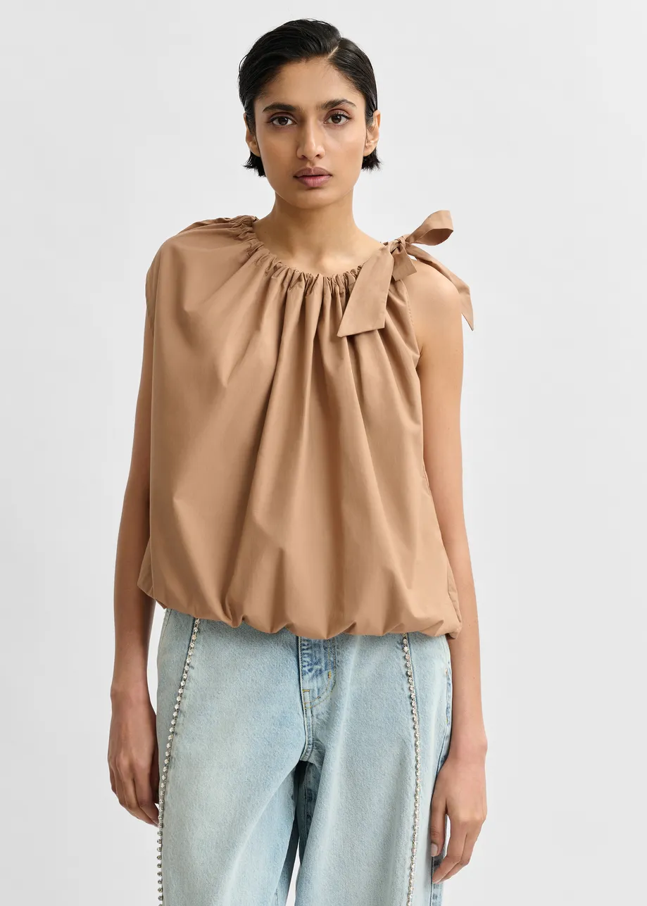 Brown asymmetric top with neck-tie ribbon