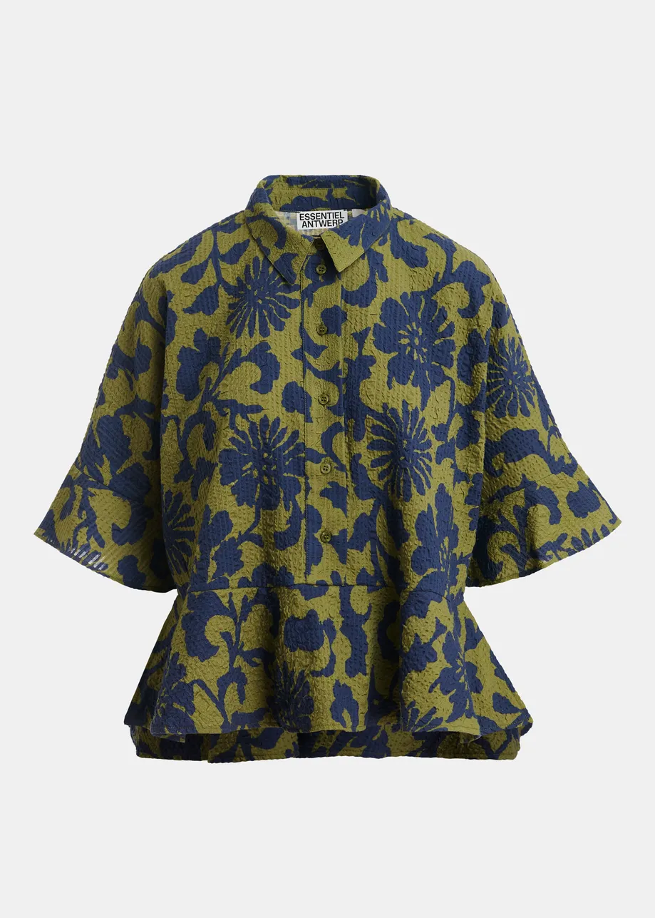 Camicia in cotone stile peplo verde e blu scuro con colletto a contrasto