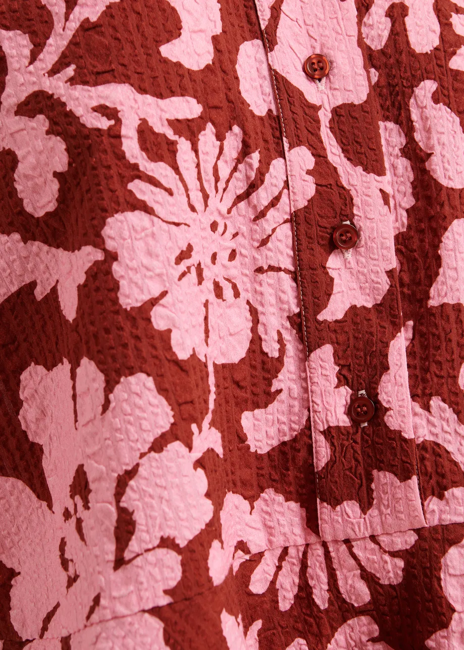 Camicia in cotone stile peplo rosa e rosso scuro con colletto a contrasto