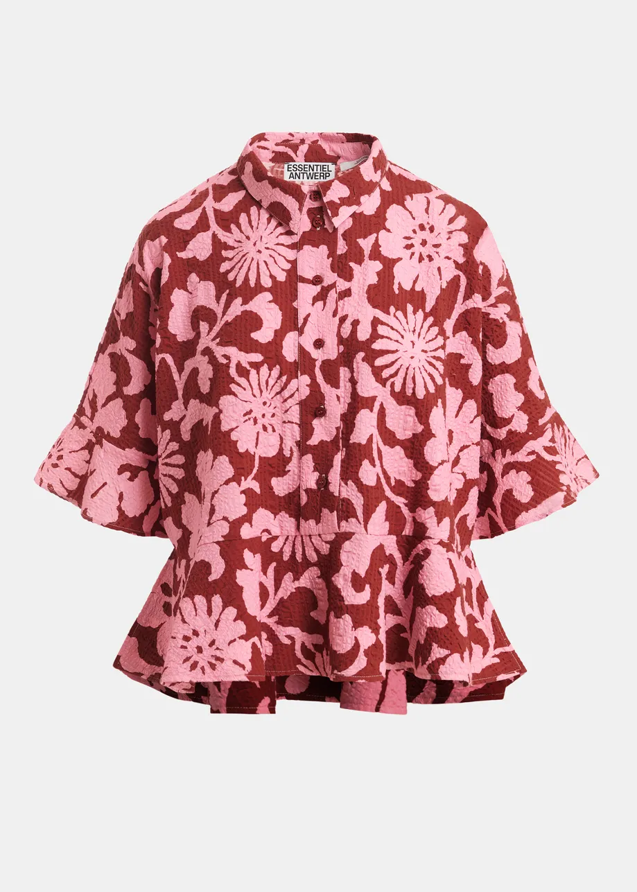 Pink and dark red peplum cotton shirt with contrasting collar