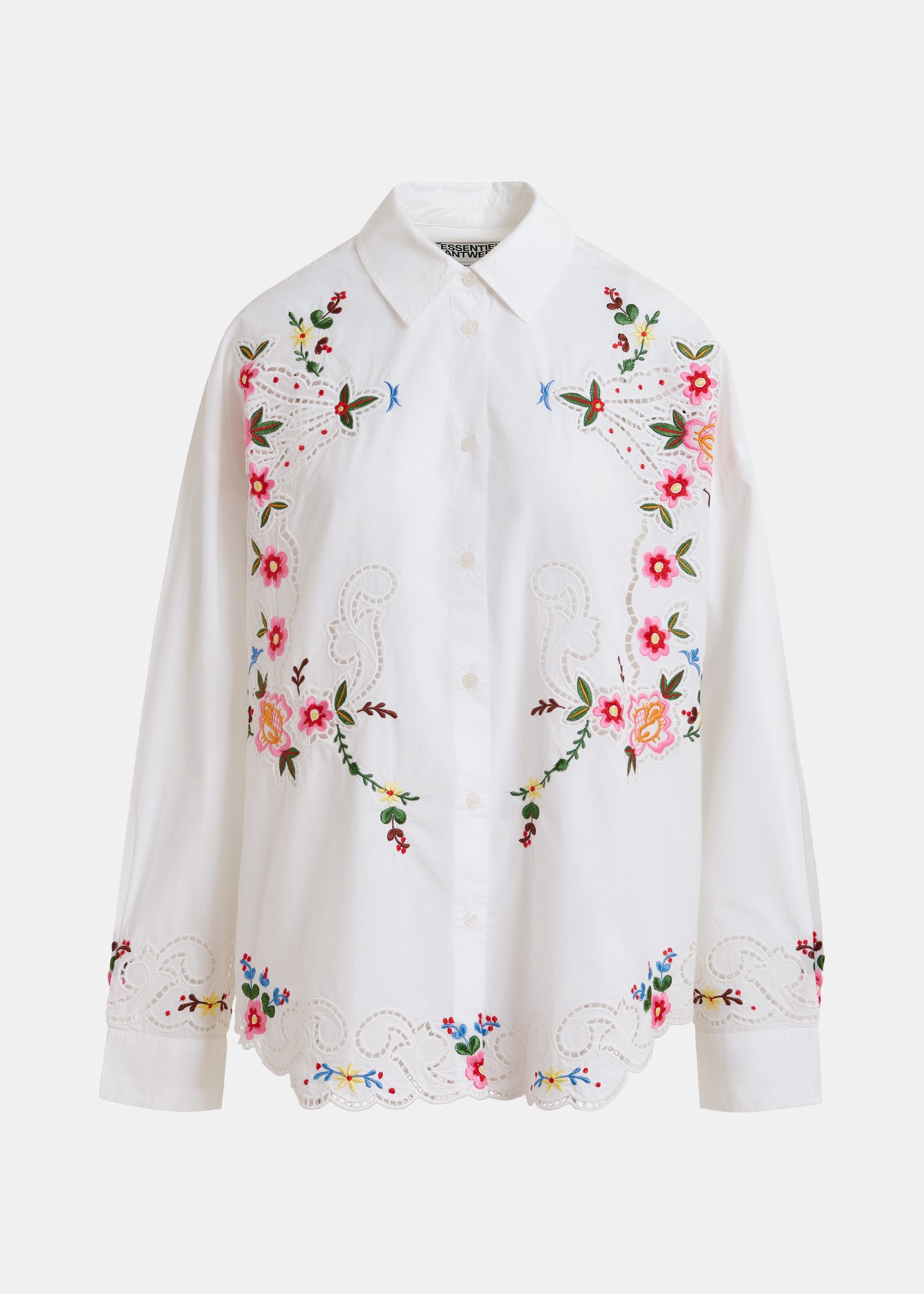 White and multicolor floral embroidered oversized cotton shirt