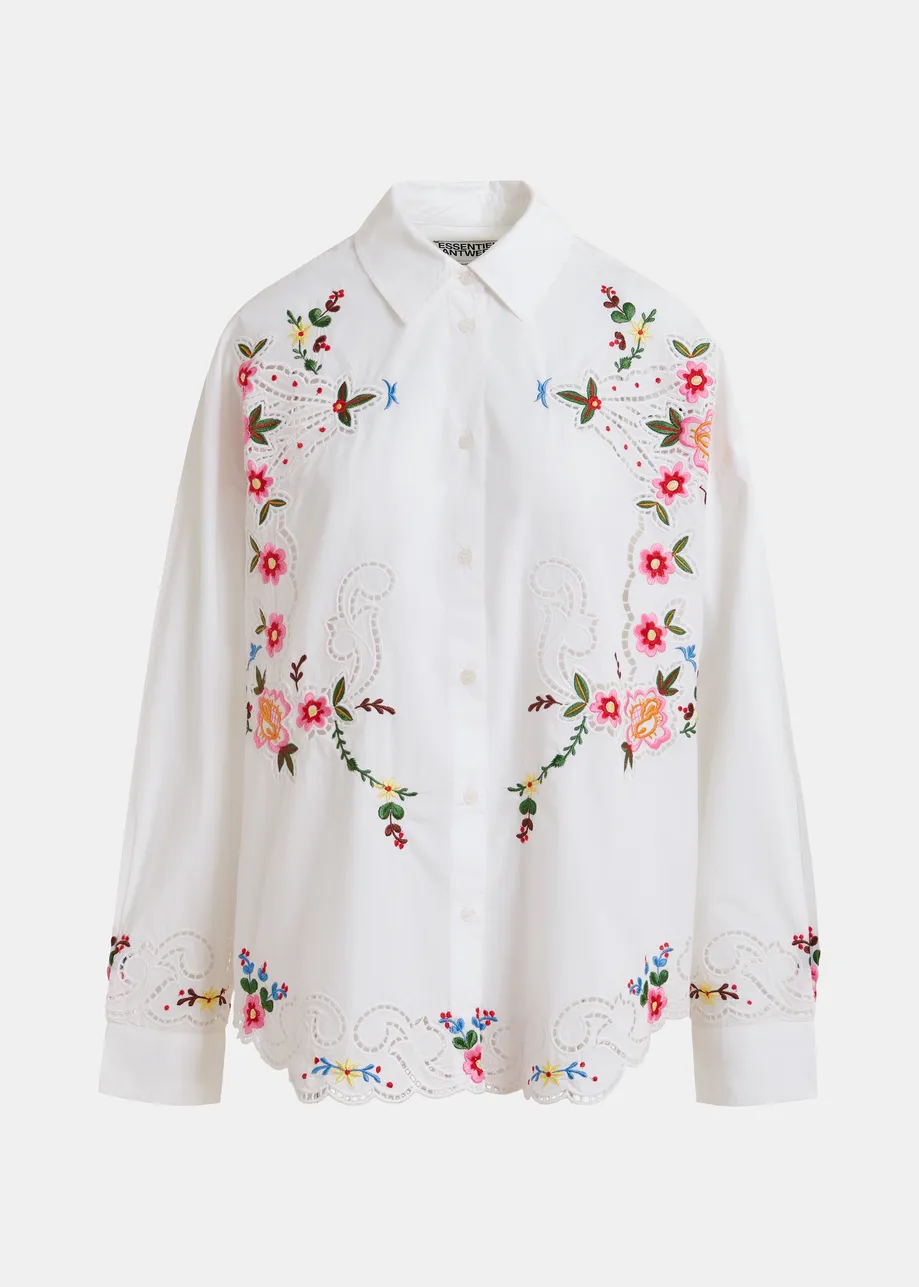 Weißes und mehrfarbiges Oversized Baumwollhemd mit Blumenstickerei
