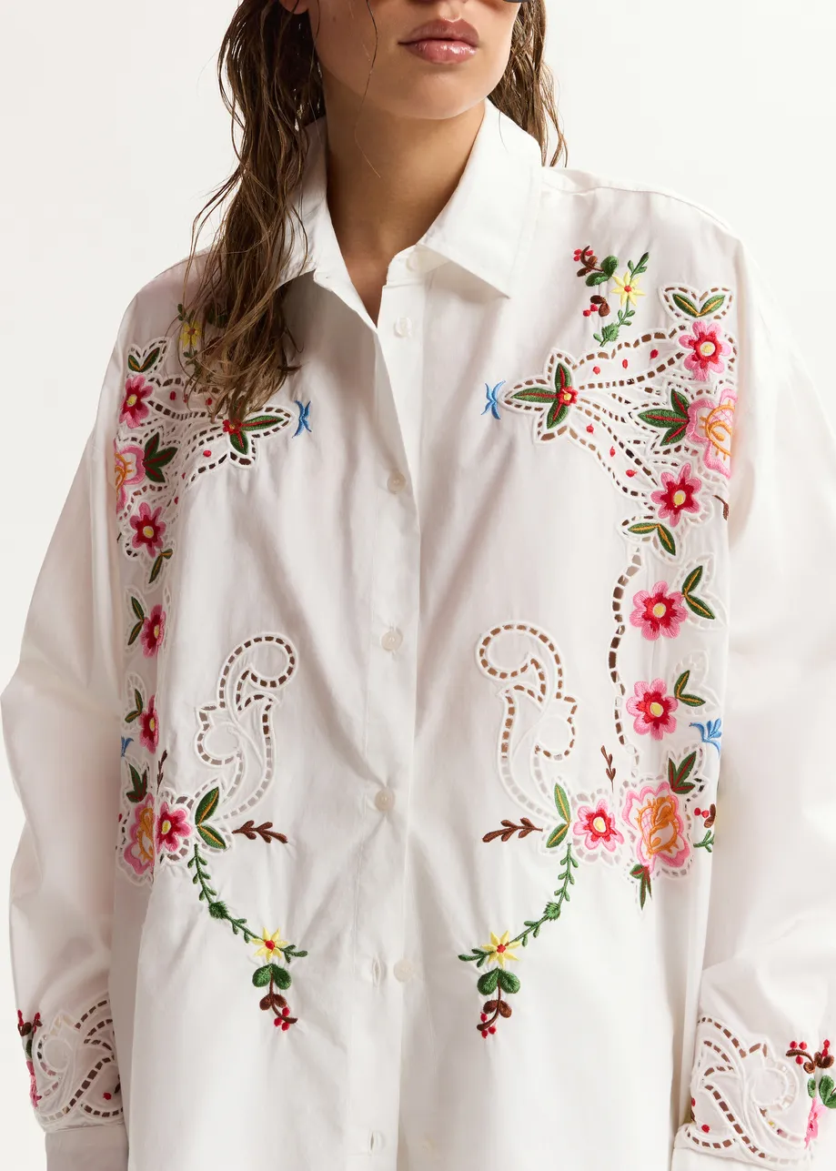 White and multicolor floral embroidered oversized cotton shirt