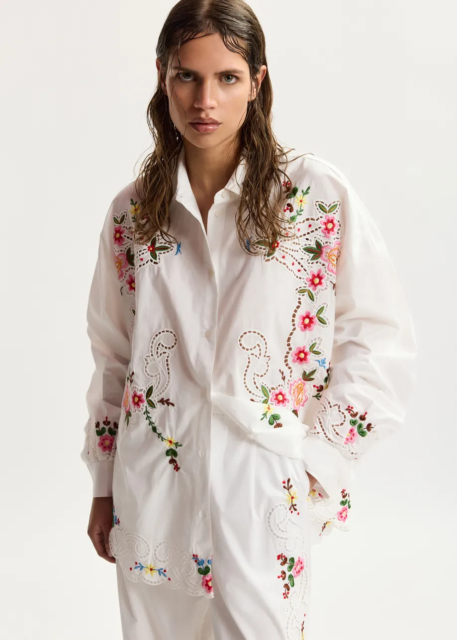 White and multicolor floral embroidered oversized cotton shirt