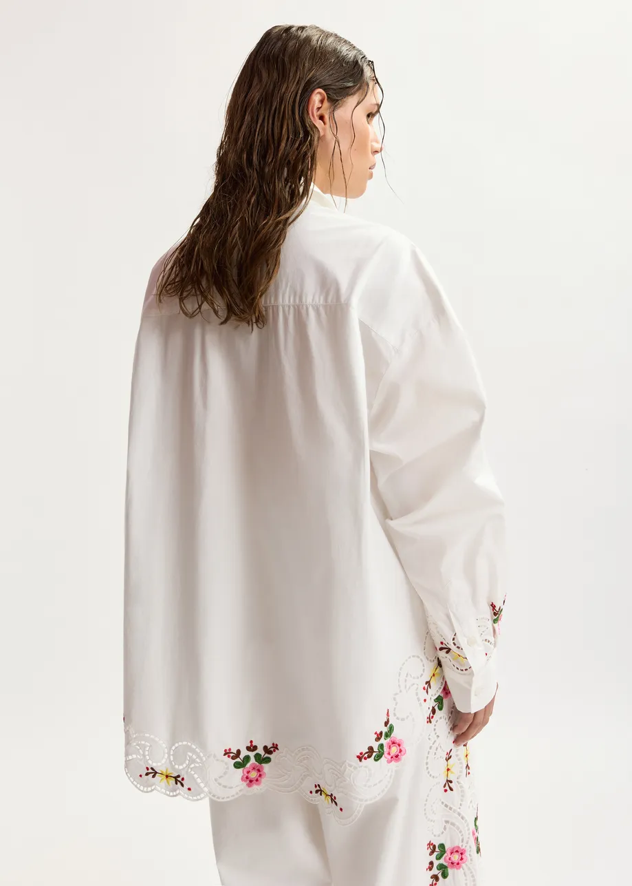 White and multicolor floral embroidered oversized cotton shirt