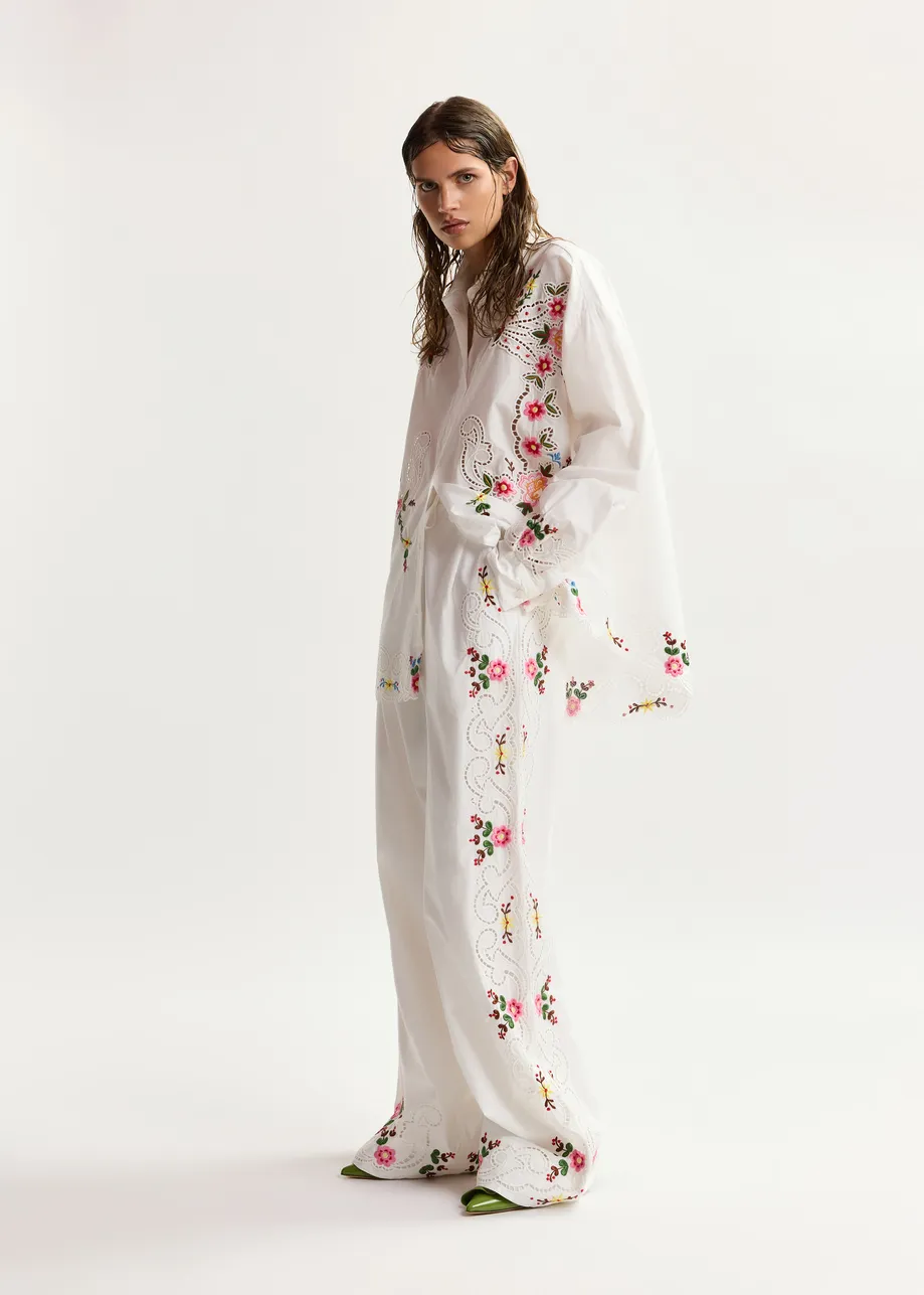 White and multicolor floral embroidered oversized cotton shirt