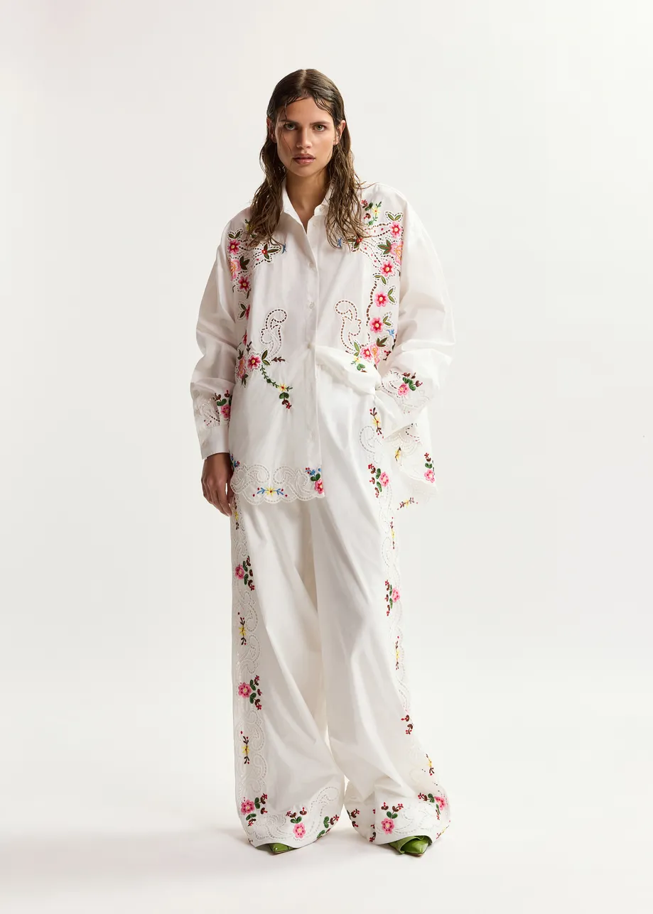 White and multicolor floral embroidered oversized cotton shirt