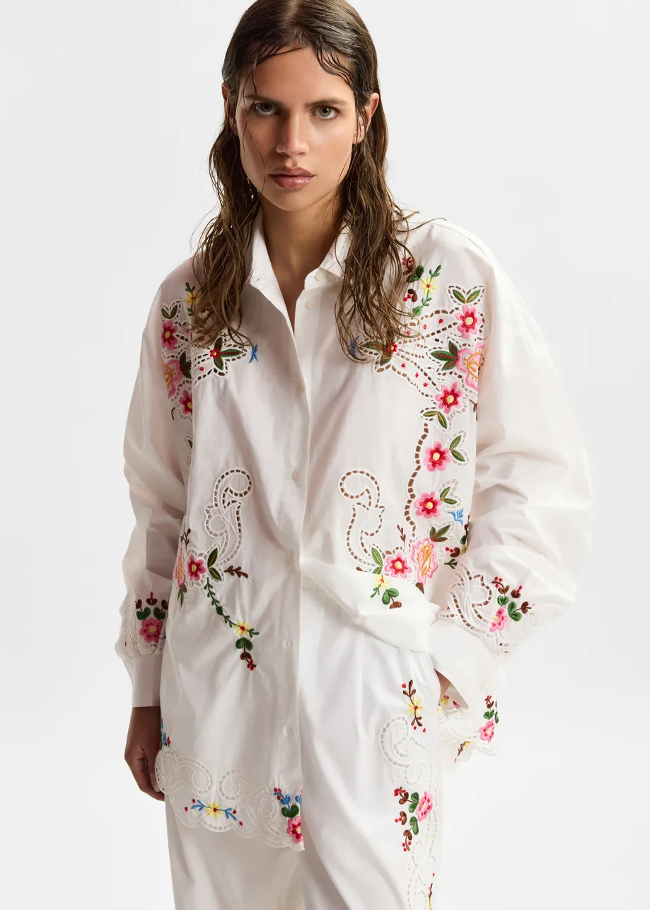 White and multicolor floral embroidered oversized cotton shirt