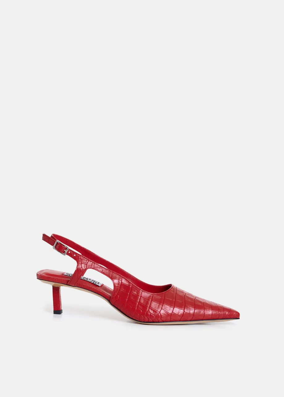 Red croco-effect leather slingback pumps