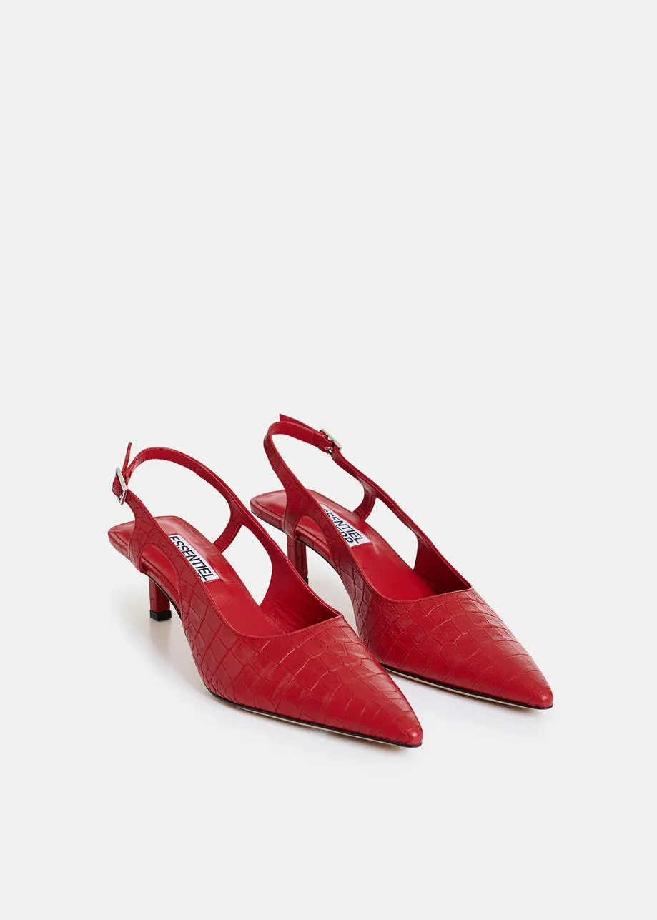 Red croco-effect leather slingback pumps