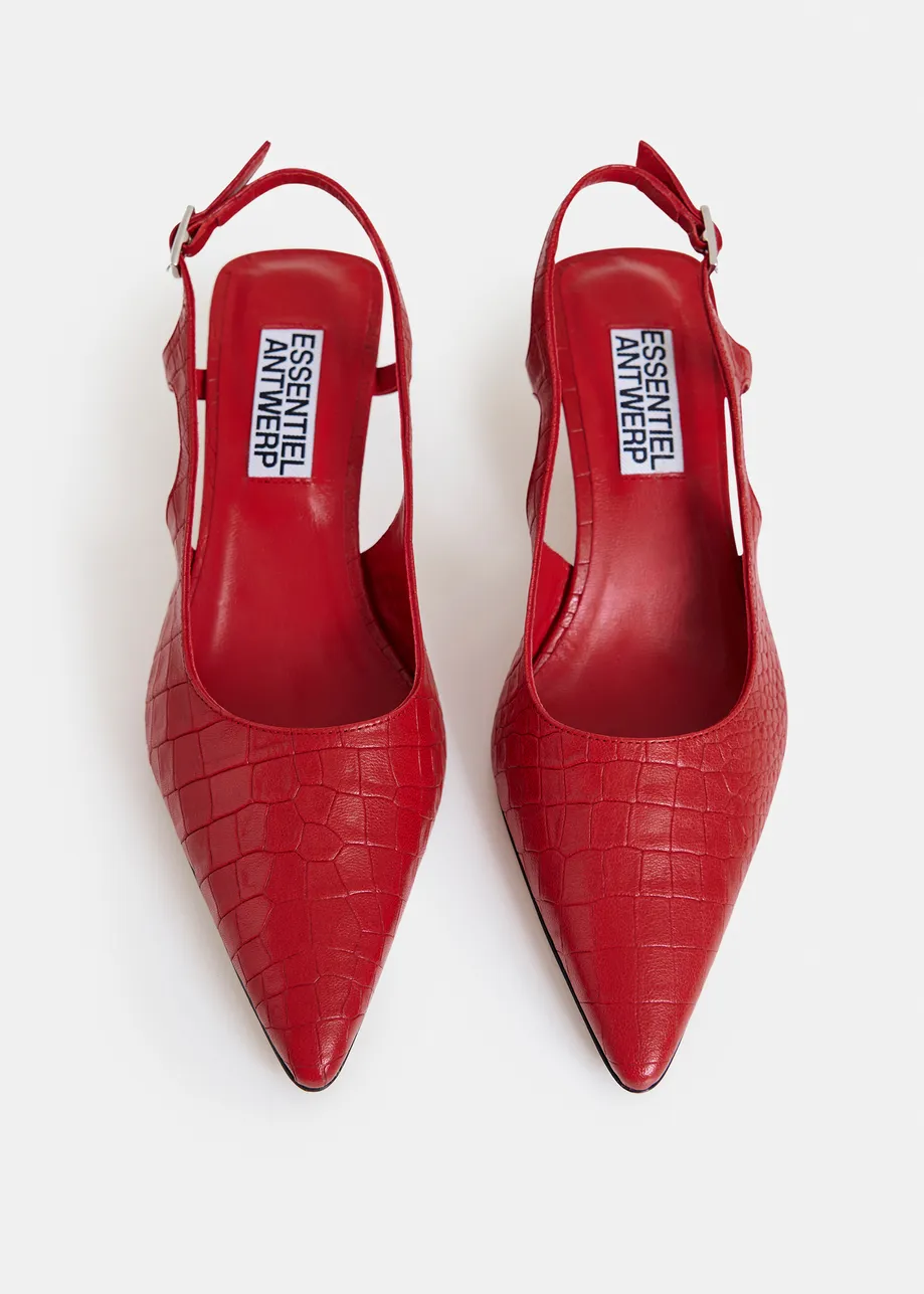 Red croco-effect leather slingback pumps