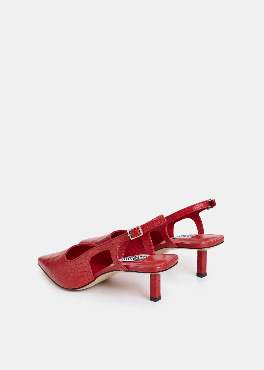 Red croco-effect leather slingback pumps