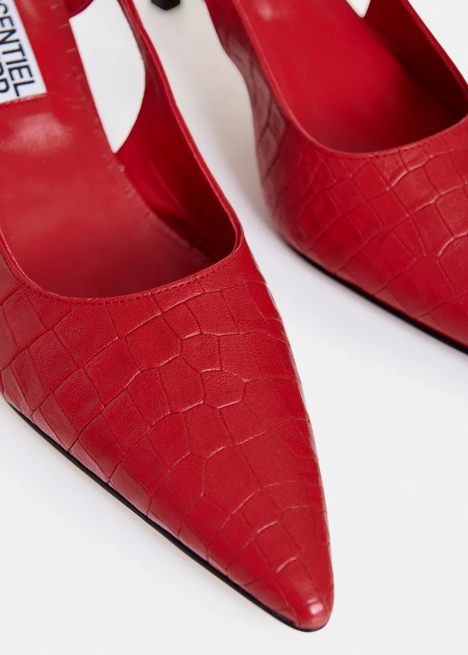 Red croco-effect leather slingback pumps