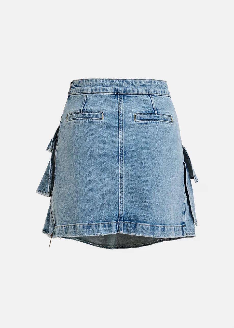 Blue cotton miniskirt with ruffle details