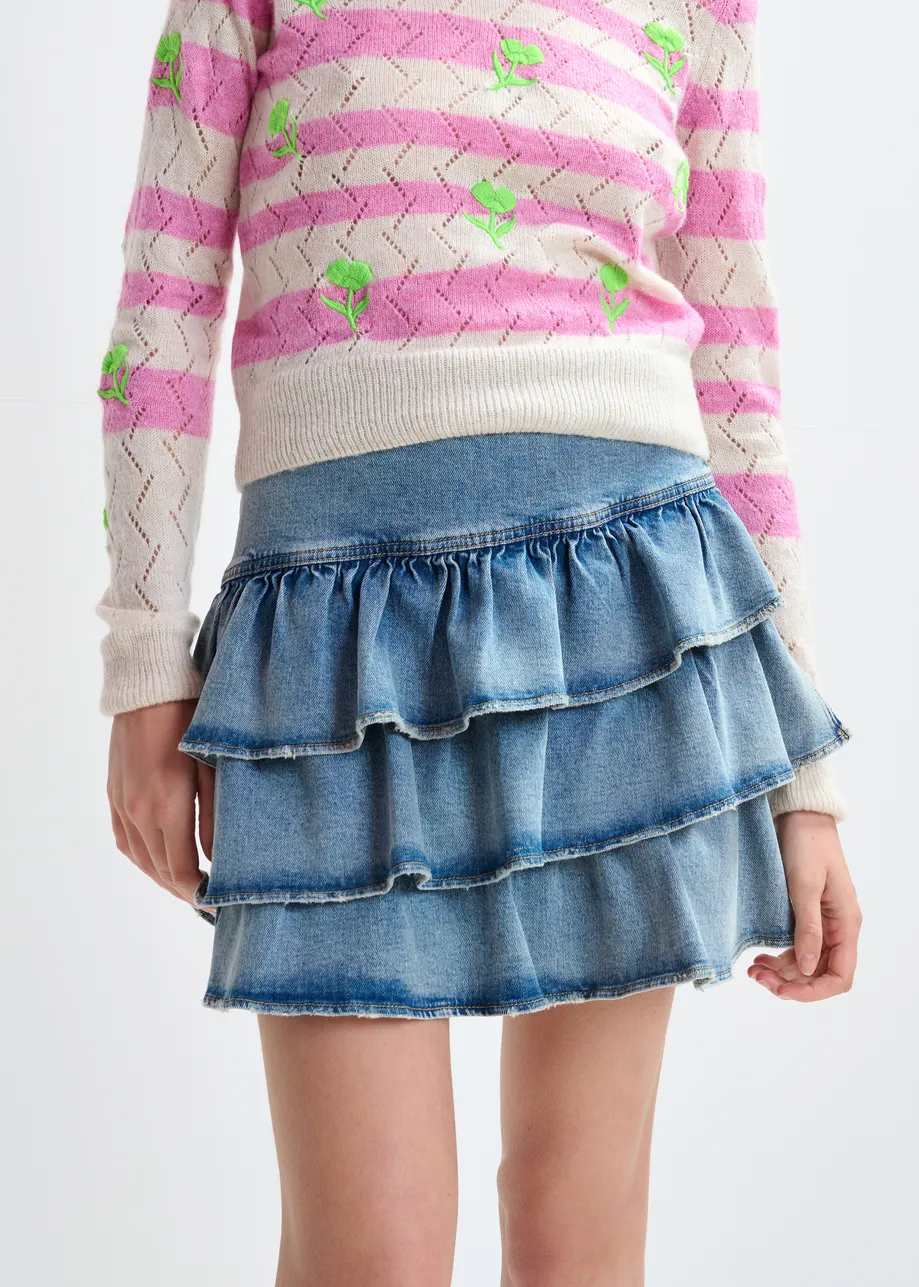 Blue cotton miniskirt with ruffle details