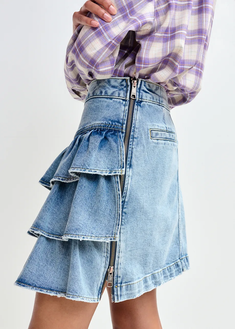 Blue cotton miniskirt with ruffle details