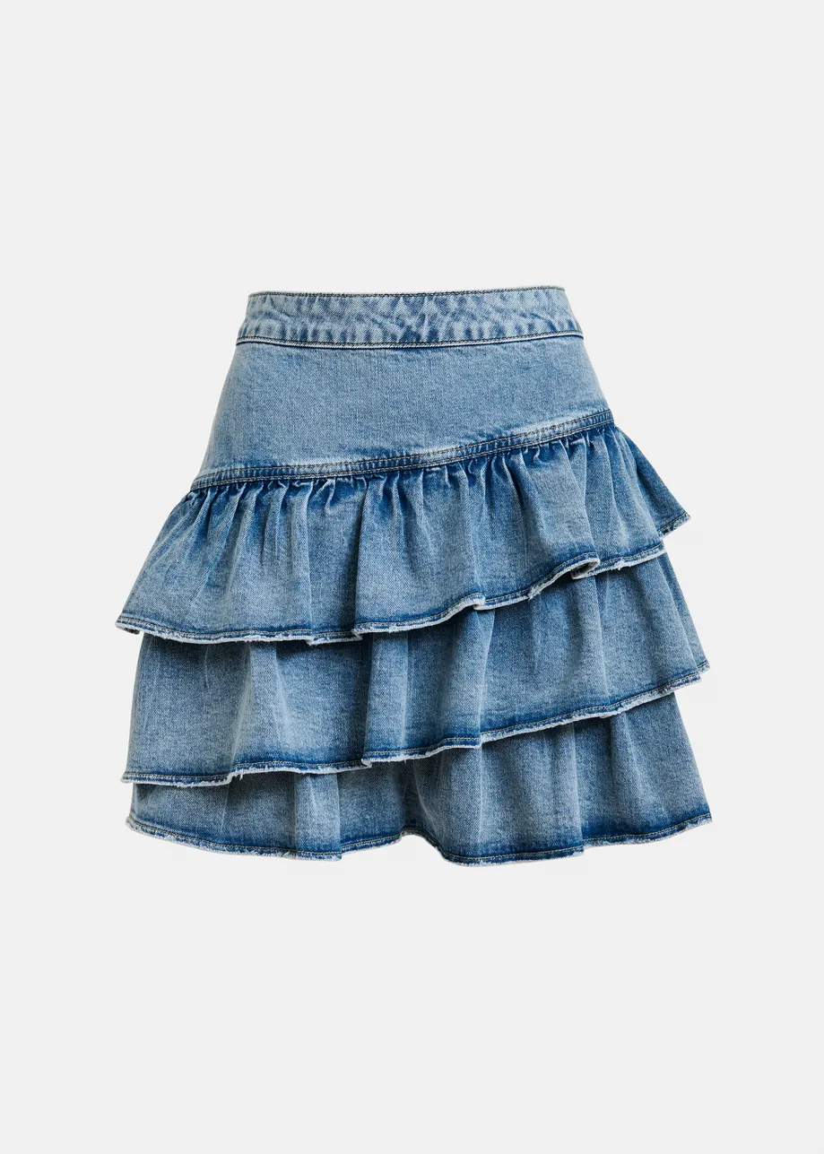 Blue cotton miniskirt with ruffle details
