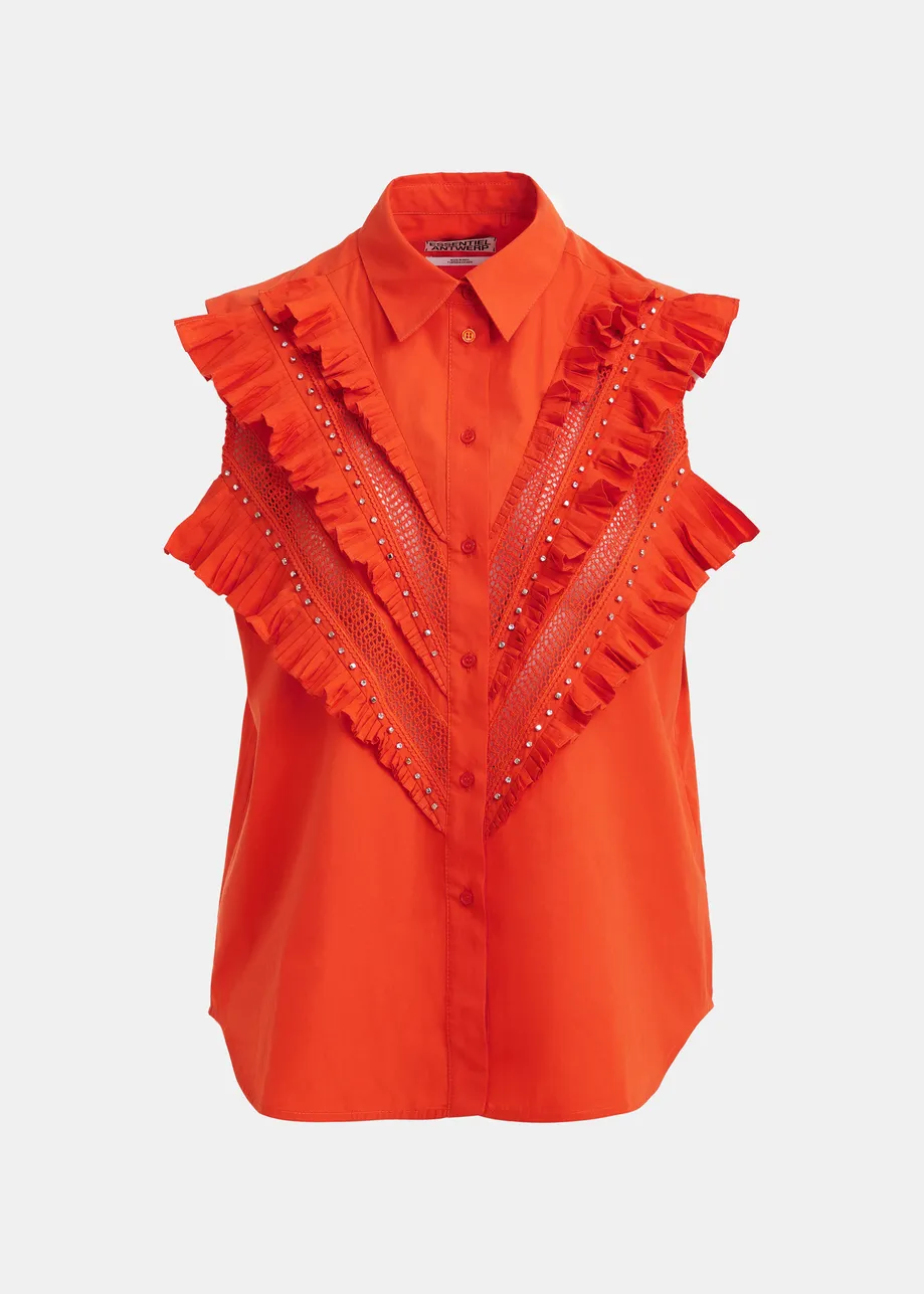 Orange embellished sleeveless cotton shirt with ruffle details