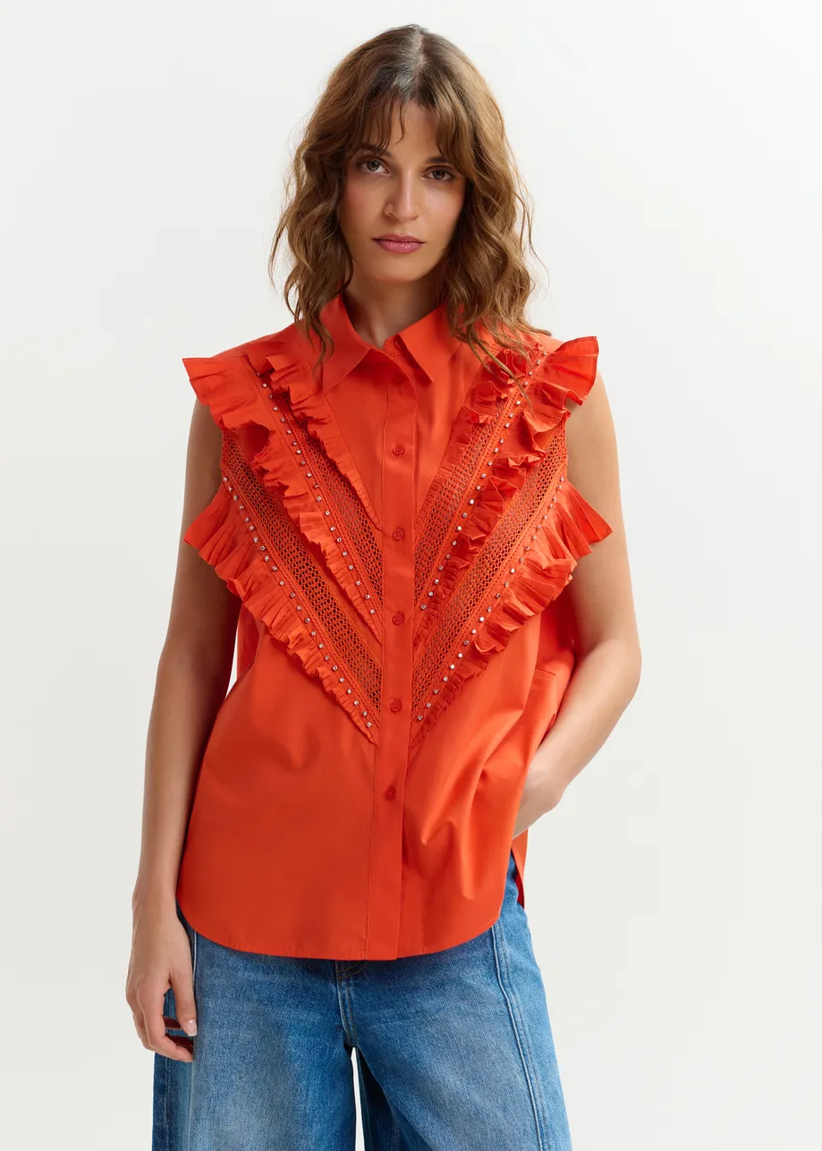 Orange embellished sleeveless cotton shirt with ruffle details