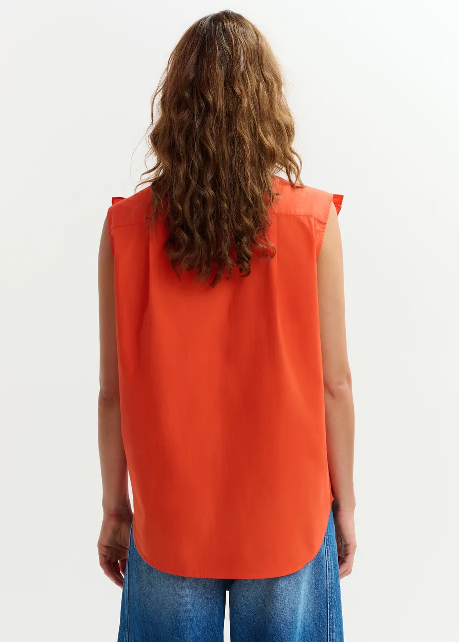 Orange embellished sleeveless cotton shirt with ruffle details