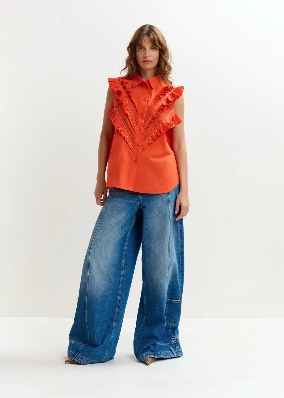 Orange embellished sleeveless cotton shirt with ruffle details