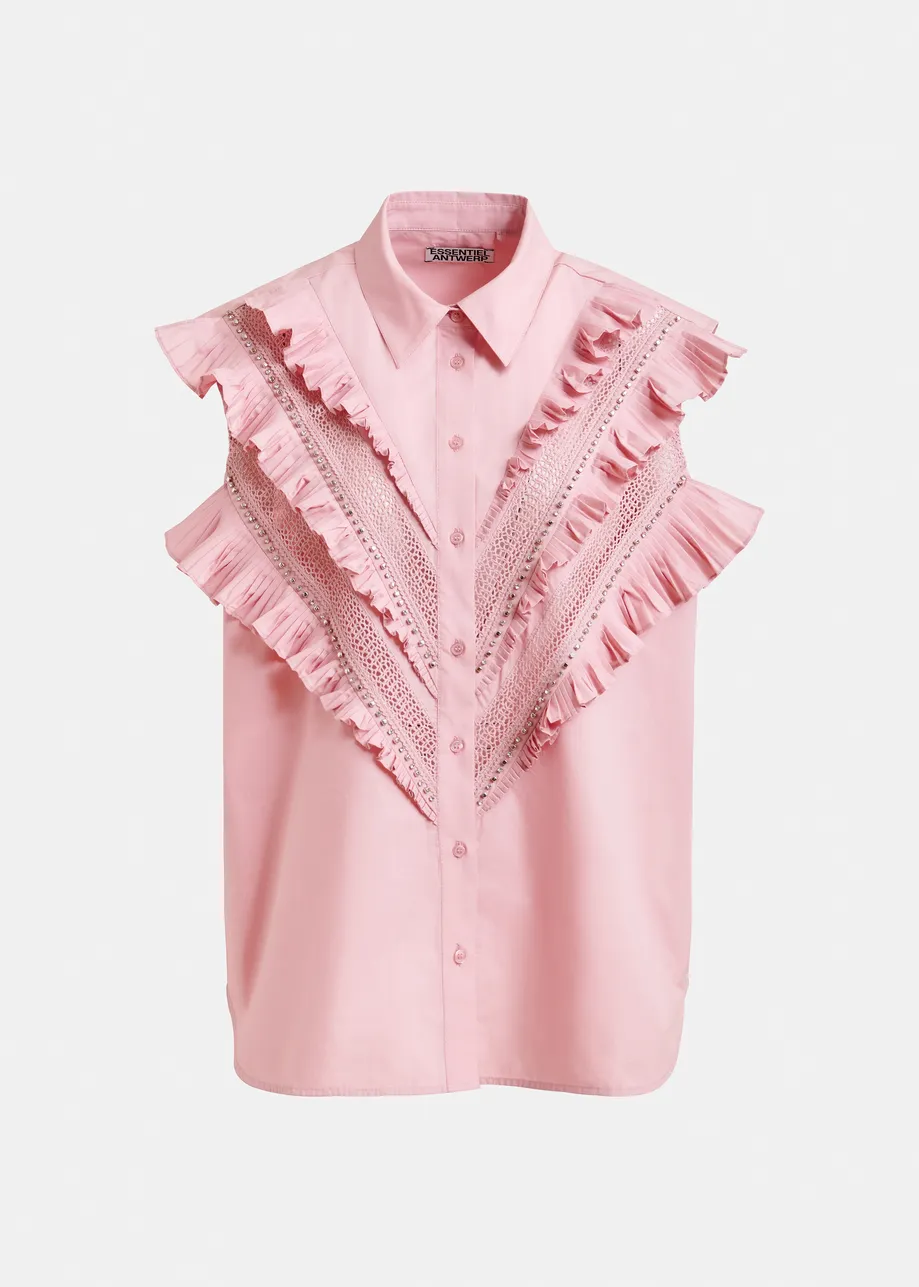 Light pink embellished sleeveless cotton shirt with ruffle details