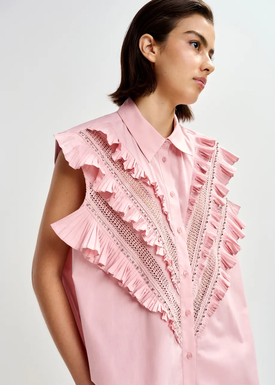 Light pink embellished sleeveless cotton shirt with ruffle details