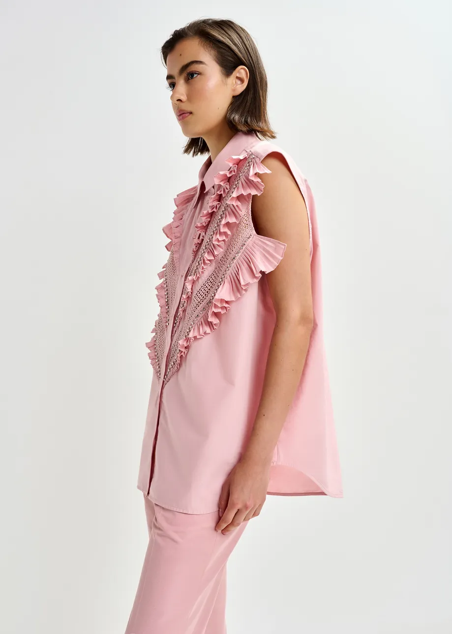 Light pink embellished sleeveless cotton shirt with ruffle details