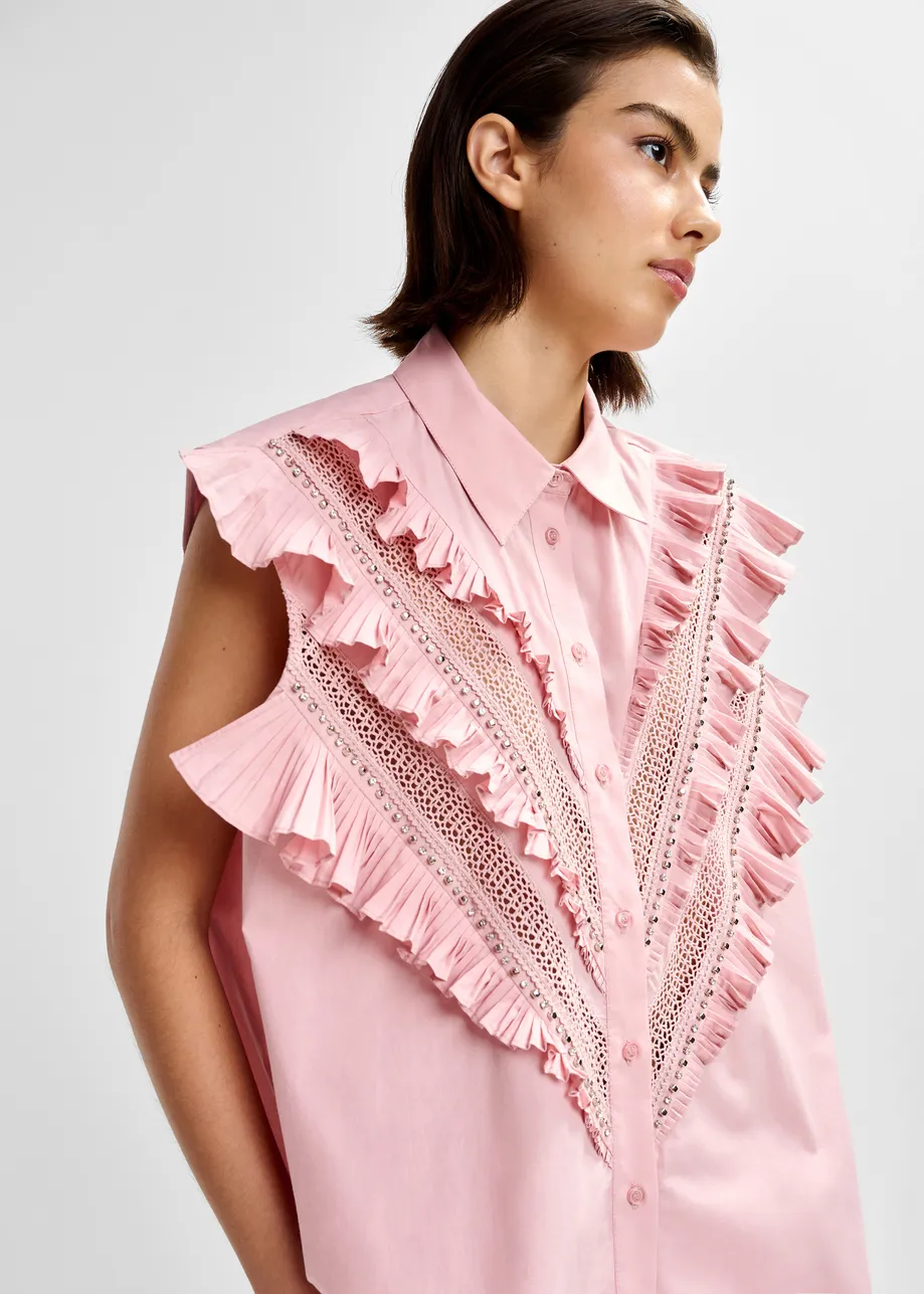 Light pink embellished sleeveless cotton shirt with ruffle details