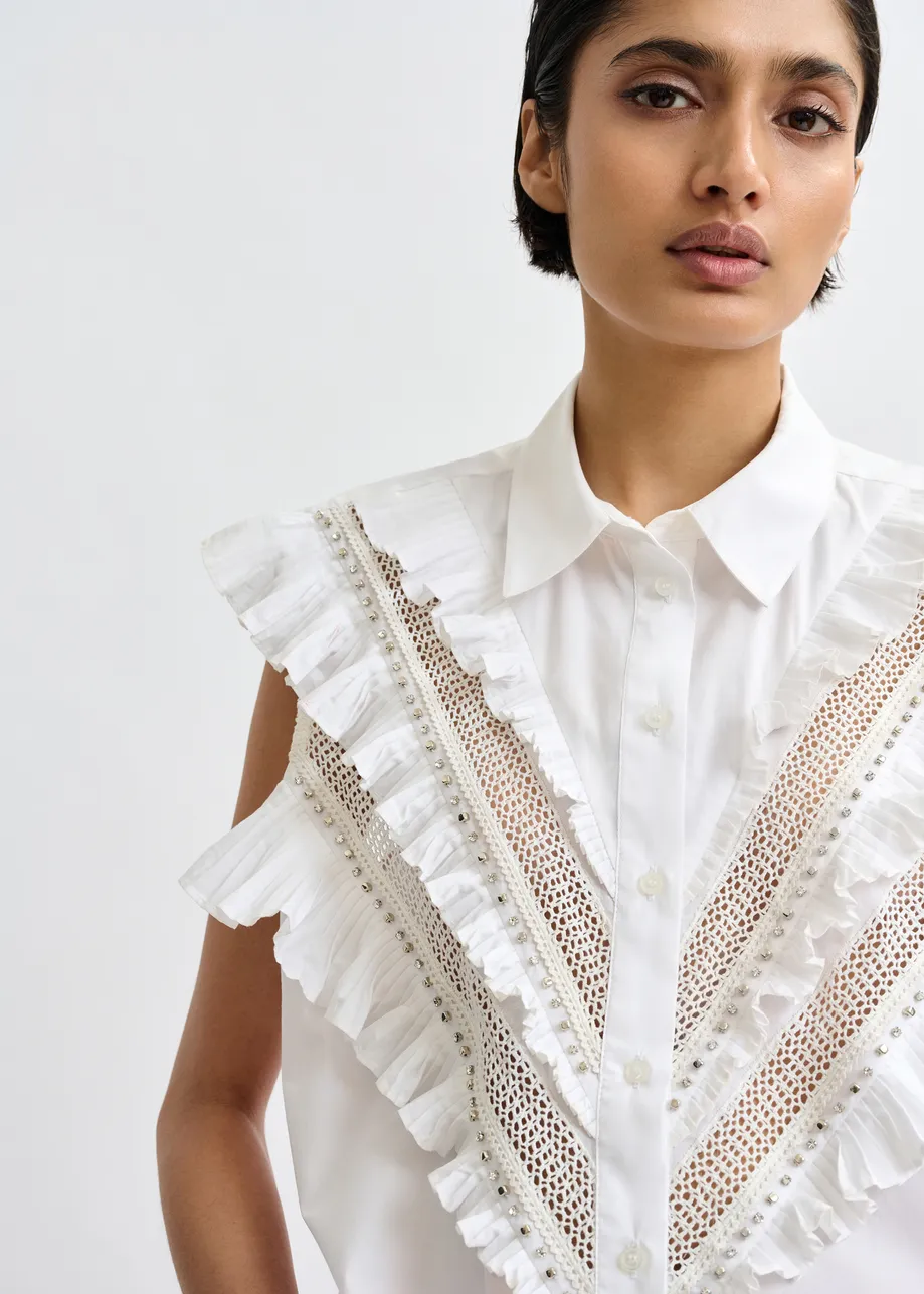 White embellished sleeveless cotton shirt with ruffle details