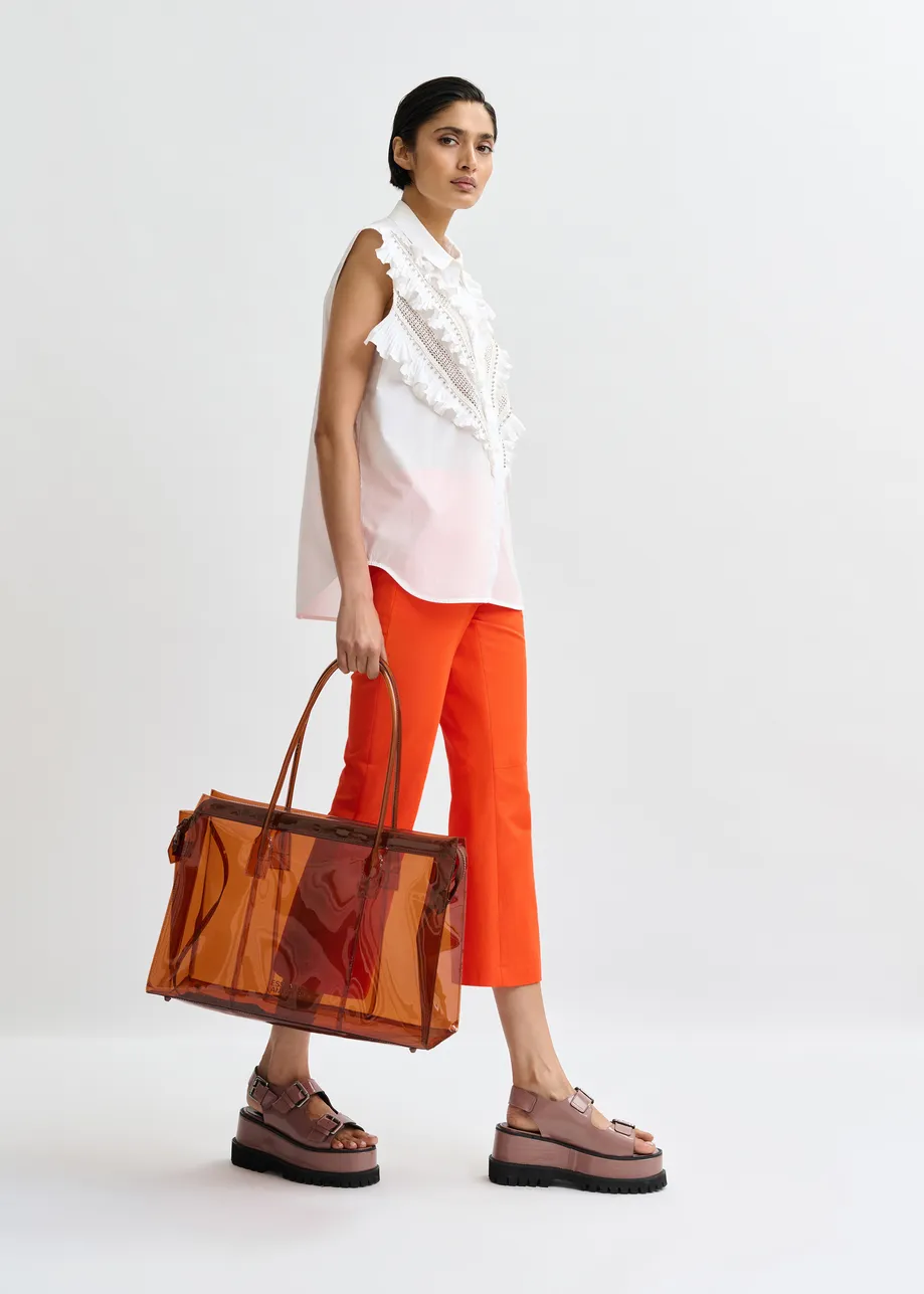 White embellished sleeveless cotton shirt with ruffle details