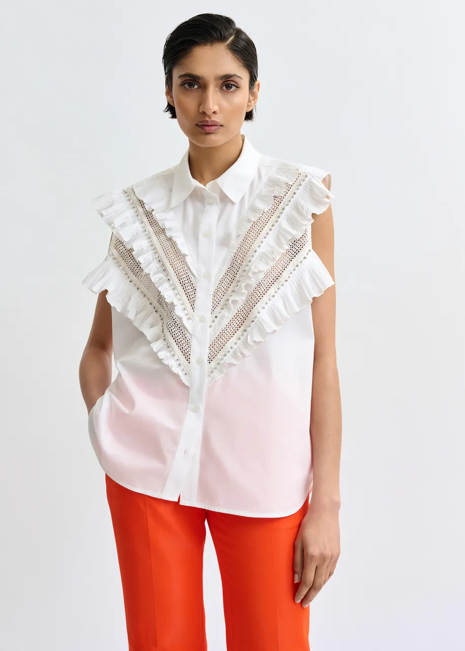 White embellished sleeveless cotton shirt with ruffle details