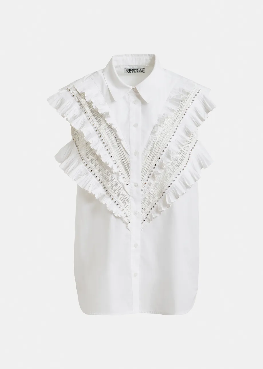 White embellished sleeveless cotton shirt with ruffle details